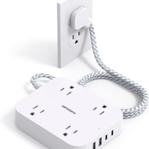 Flat Plug Extension Cord, HANYCONY 5ft Power Strip with 4 USB Ports(2 USB C), 4 Widely Outlets Extender, Wall Mount, Desk Charging Station for Office School Travel Dorm Room Essentials, ETL Listed