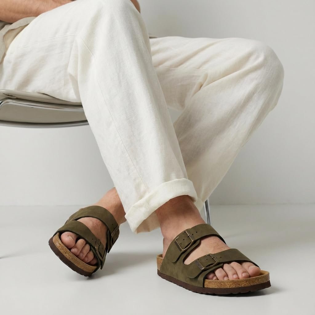 CUSHIONAIRE Lane Cork Footbed Mens Sandals, Adjustable Buckle Comfort Slides for Men, Genuine Leather Insole Summer Sandals Men Footwear - Image 5