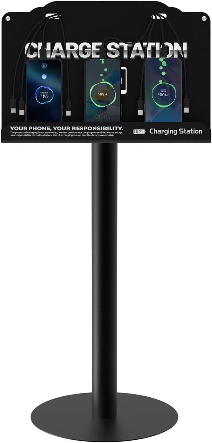 Floor Standing Cell Phone Charging Station with Fast Charigng Cables – 8 Device Charging Dock for Office, Hotel & Public Spaces | Compatible with iPhone ipad Smartphone Tablets Android Port (Black)