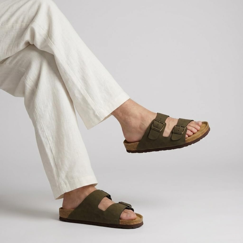 CUSHIONAIRE Lane Cork Footbed Mens Sandals, Adjustable Buckle Comfort Slides for Men, Genuine Leather Insole Summer Sandals Men Footwear - Image 8