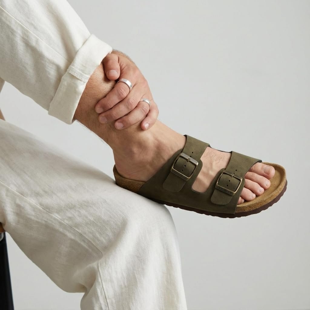 CUSHIONAIRE Lane Cork Footbed Mens Sandals, Adjustable Buckle Comfort Slides for Men, Genuine Leather Insole Summer Sandals Men Footwear - Image 6