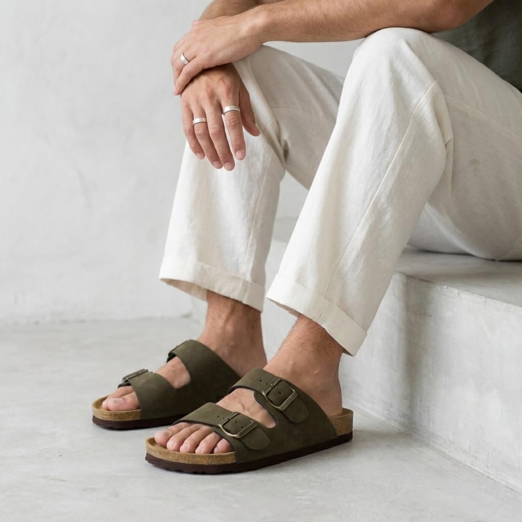 CUSHIONAIRE Lane Cork Footbed Mens Sandals, Adjustable Buckle Comfort Slides for Men, Genuine Leather Insole Summer Sandals Men Footwear - Image 7