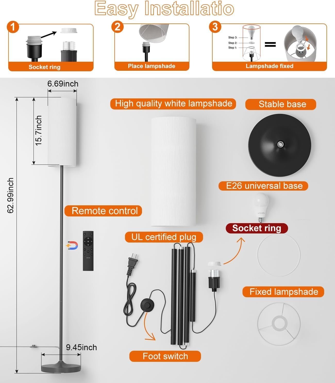 luckystyle Dimmable Floor Standing Tall Lamp, 12W Led Bulb with Lampshade, Foot Switch, Remote Custom Color Temperature Pole for Bedroom, Office, Kids & Living Room, Black - Image 4
