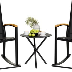 Shintenchi 3 Piece Outdoor Rocking Bistro Set, Textilene Fabric Small Patio Furniture Set, Front Porch Rocker Chairs Conversation Set with Table for Lawn, Garden, Balcony, Poolside (Black)