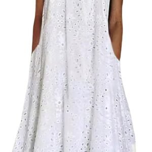 chouyatou Women Summer Ruffle Hem Floral Lace Eyelet Dress Casual Notch Neck Midi Tunic Dress with Pocket