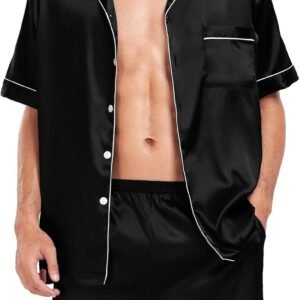 SWOMOG Men Satin Silk Pajamas Sets Short Sleeve Sleepwear Button-Down PJs Sets Two-Pieces Loungewear with Pockets