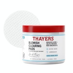 Thayers Blemish Clearing Acne Pads, Salicylic Acid Acne Treatment for Face, Pore Reducing, Exfoliating, and Soothing Skincare, Witch Hazel Toner Pads, 60 Ct