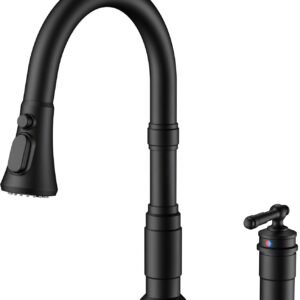 FORIOUS 2 Hole Black Kitchen Faucet with Pull Down Sprayer, Stainless Steel Rustic Kitchen Sink Faucet 3 Spray Modes with Single Seperate Handle, Suitable for Farmhouse Outdoor Camper Rv Bar
