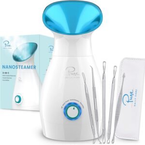 Pure Daily Care NanoSteamer Large 3-in-1 Nano Ionic Facial Steamer with Precise Temp Control – Humidifier – Unclogs Pores – Blackheads – Spa Quality – Bonus 5 Piece Stainless Steel Skin Kit (Teal)
