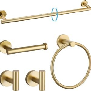 TURS Brushed Gold 5 Piece Bathroom Hardware Set, SUS304 Stainless Steel 24 Inch Bath Towel Bar Set, Round Bathroom Accessories Kit Wall Mounted
