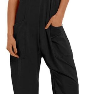 Lentta Women’s Causal Jumpsuits V Neck Sleeveless Harem Overalls Stretchy Adjustable Strap Romper with Pockets