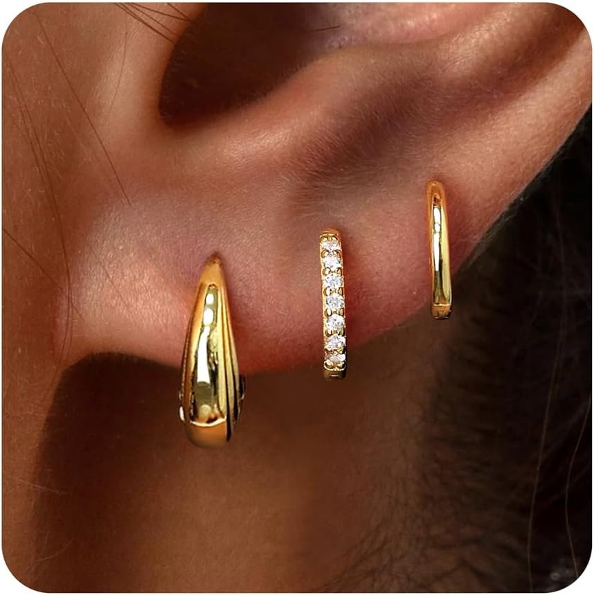 Small Sterling Silver Huggie Hoop Earrings Set for Women, Hypoallergenic 14K Gold Plated Hoops Stacks for Multiple Piercings, Dainty Cute Mini Lightweight Cartilage Studs Trendy Jewelry Gift