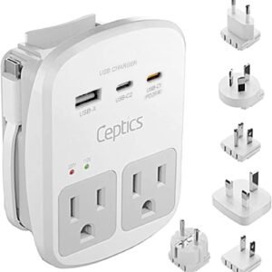 Ceptics 35W Universal Travel Adapter Kit – 2 USA sockets, USB-A, USBC, 1x PD 35W USB-C and USBC Cable, Surge Protected, Plugs for EU, UK, China, AU, Japan – for Laptop, Phone, Camera-ETL Tested