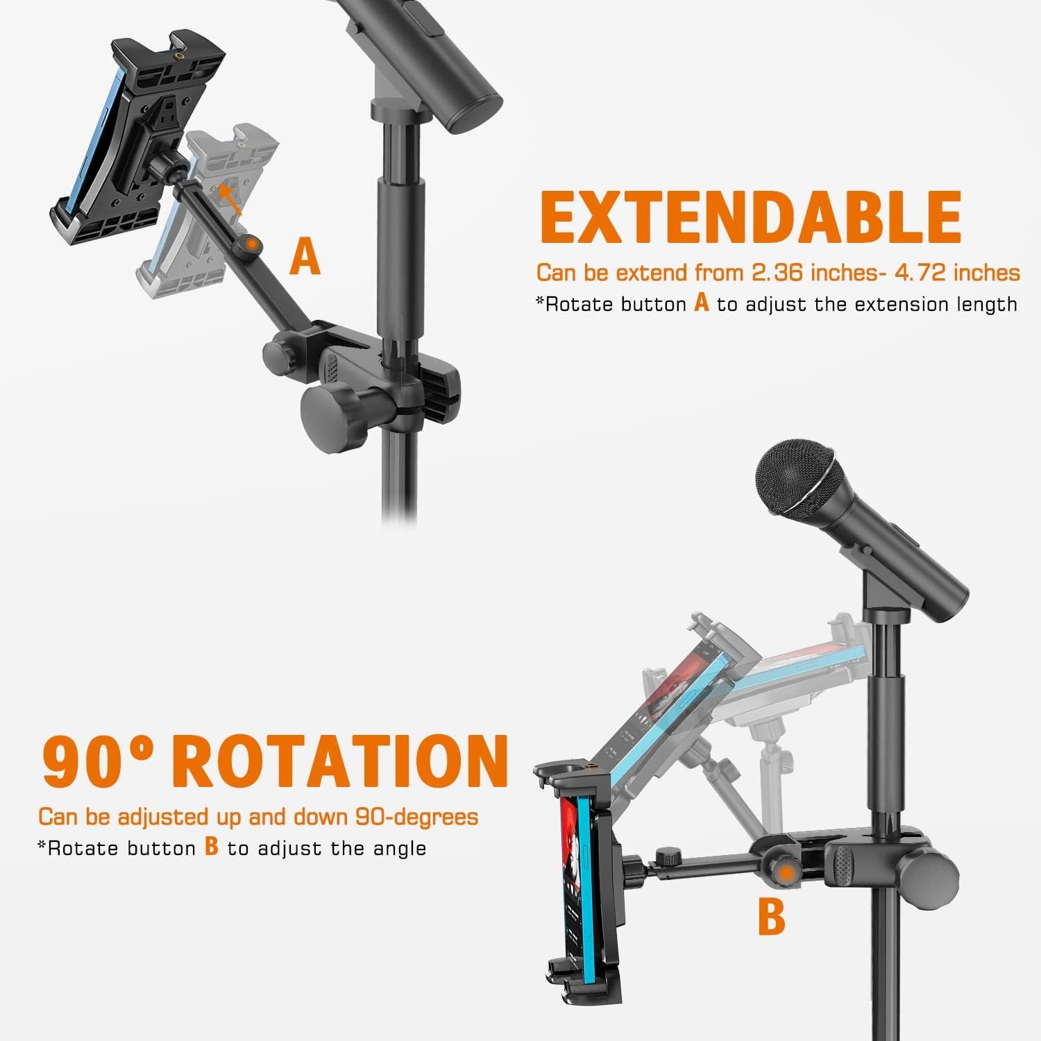 Tablet Holder for Microphone Stand, Mic Music Stand Tablet Holder for iPad, Smartphone Tablet Mic Stand Mount for Shee Music Fits Devices from Screen Size 4.7 to 12.9 Inches - Image 2