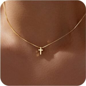 Easter Basket Stuffer Cross Necklace for Women Girls, Dainty 14K Gold Silver Plated Cross Choker Jewelry Non Tarnish Waterproof Cute Simple Small Necklace Christian Baptism Religious Faith Jewelry Gifts