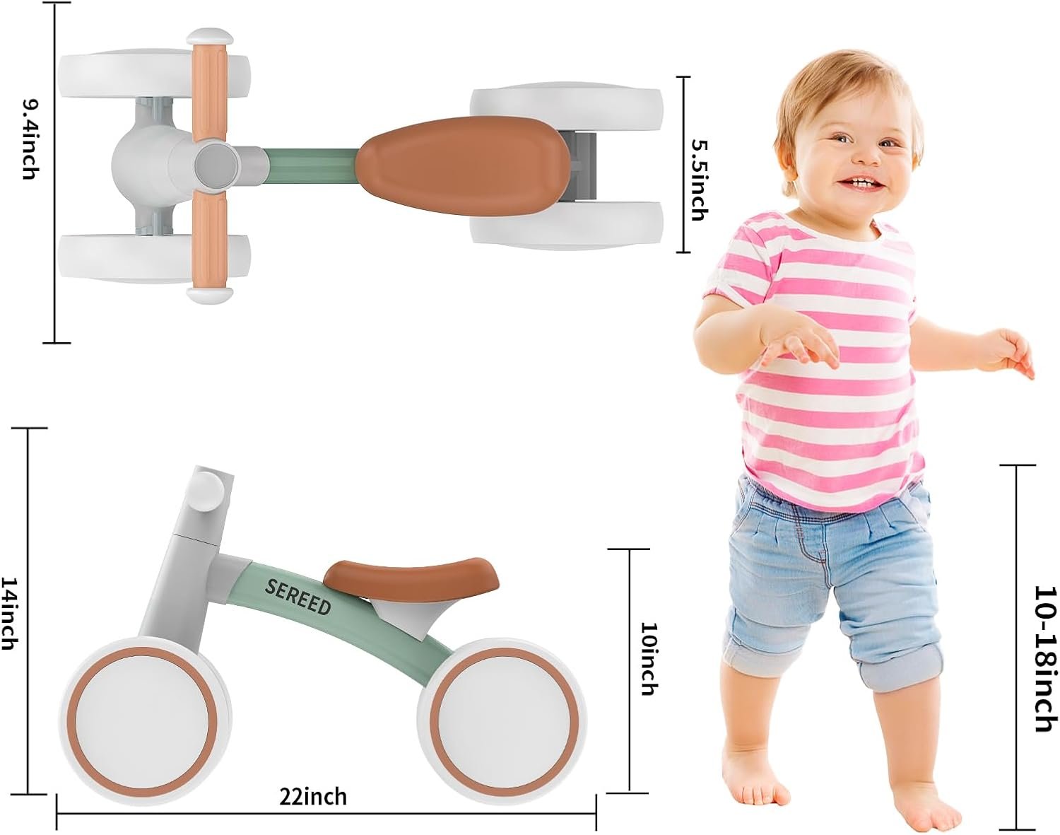 SEREED Baby Balance Bike for 1 Year Old Boys Girls 12-24 Month Toddler Balance Bike, 4 Wheels Toddler First Bike, First Birthday Gifts - Image 3
