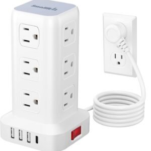 Tower Surge Protector Power Strip with 12 Outlets 4 USB (1 USB C), 6.5Feet Extension Cord with Multiple Outlets, Charging Station, Power Strip Tower, Office Desk Supplies