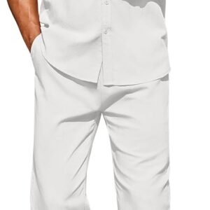 COOFANDY Men’s Linen Sets 2 Piece Beach Outfit Casual Short Sleeve Button Down Shirts Loose Pants Summer Vacation Outfits