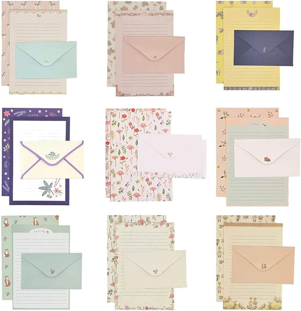 81pcs Stationary Paper and Envelopes Set, Contain 54 stationery paper and 27 envelopes, writing paper stationery set, 9 Different Style