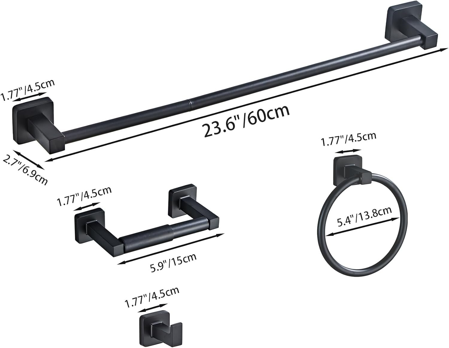 Matte Black Bathroom Hardware Set 4 Pieces,Bathroom Accessories Set Stainless Steel Wall Mounted, Hand Towel Bar, Towel Ring, Robe Towel Hooks,Toilet Paper Holder,Towel Bar Set, 23.6 Inch - Image 8