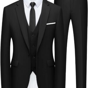 WULFUL Men’s Slim Fit Suit One Button 3-Piece Blazer Dress Business Wedding Party Jacket Vest & Pant