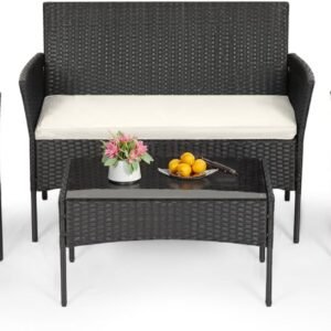 FDW | 4-Piece Patio Furniture Set | Black | Outdoor Wicker Furniture with Coffee Table | Modern Rattan Chairs Conversation Set | Outdoor Seating | Weather-Resistant | for Porch, Garden, Lawn