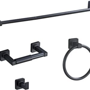 Matte Black Bathroom Hardware Set 4 Pieces,Bathroom Accessories Set Stainless Steel Wall Mounted, Hand Towel Bar, Towel Ring, Robe Towel Hooks,Toilet Paper Holder,Towel Bar Set, 23.6 Inch