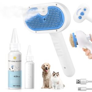 Pet Steam Brush for Dog & Cat – 3-in-1 Steam Grooming Brush for Shedding & Hair Removal – Self Cleaning Spray Comb with Mist for Long Haired Pets – Includes 1*Waterless Shampoo, Blue.