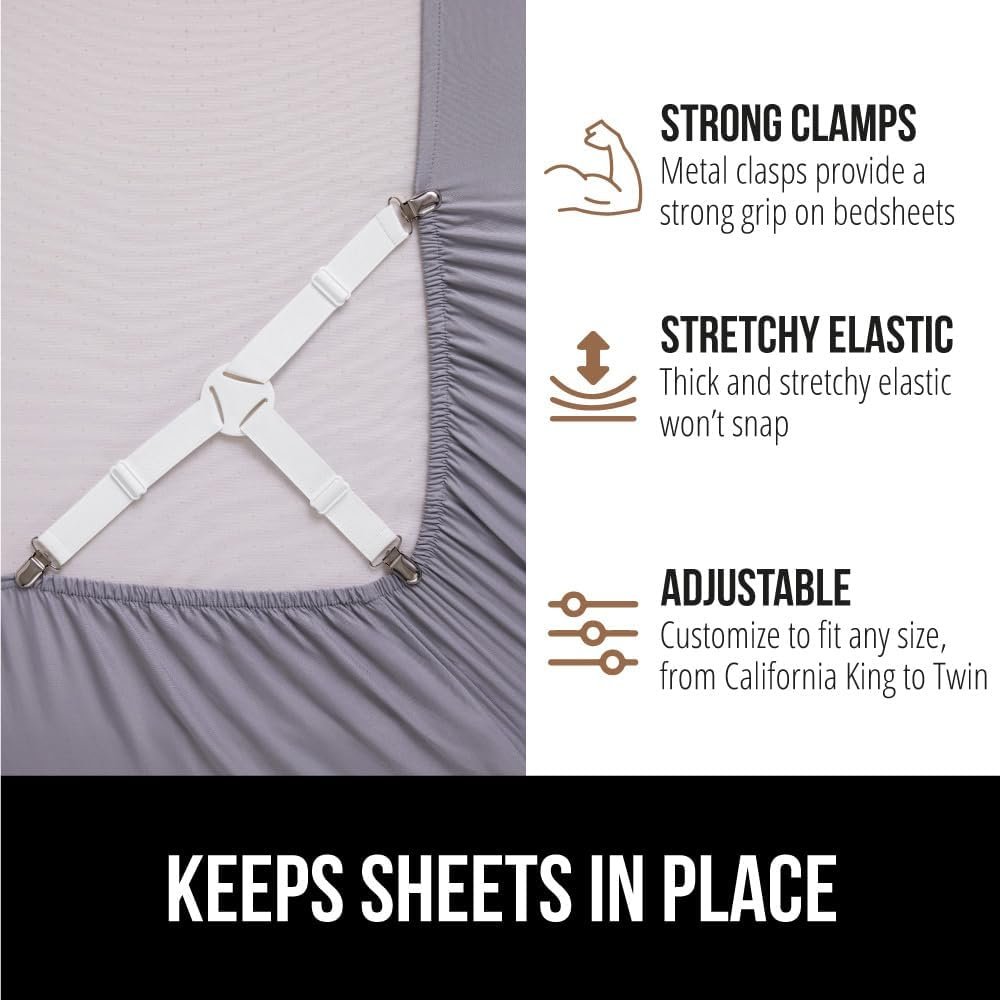 GORILLA GRIP Patent Pending Bed Sheet Holders, Adjustable Elastic Fasteners with Metal Clips, Keep in Place Fitted Bedding Straps, Firm Tight Suspenders for Mattress, US Designed, 4 Pack White - Image 5