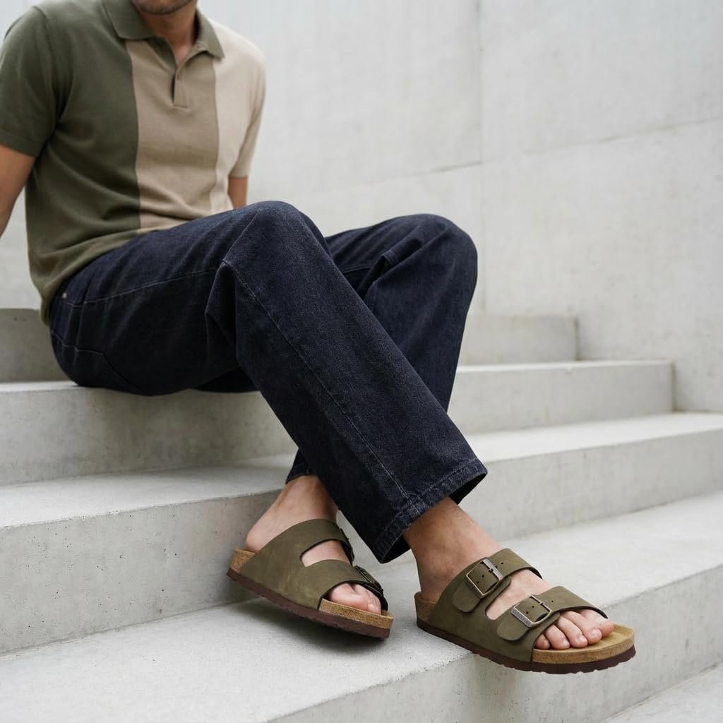 CUSHIONAIRE Lane Cork Footbed Mens Sandals, Adjustable Buckle Comfort Slides for Men, Genuine Leather Insole Summer Sandals Men Footwear - Image 2