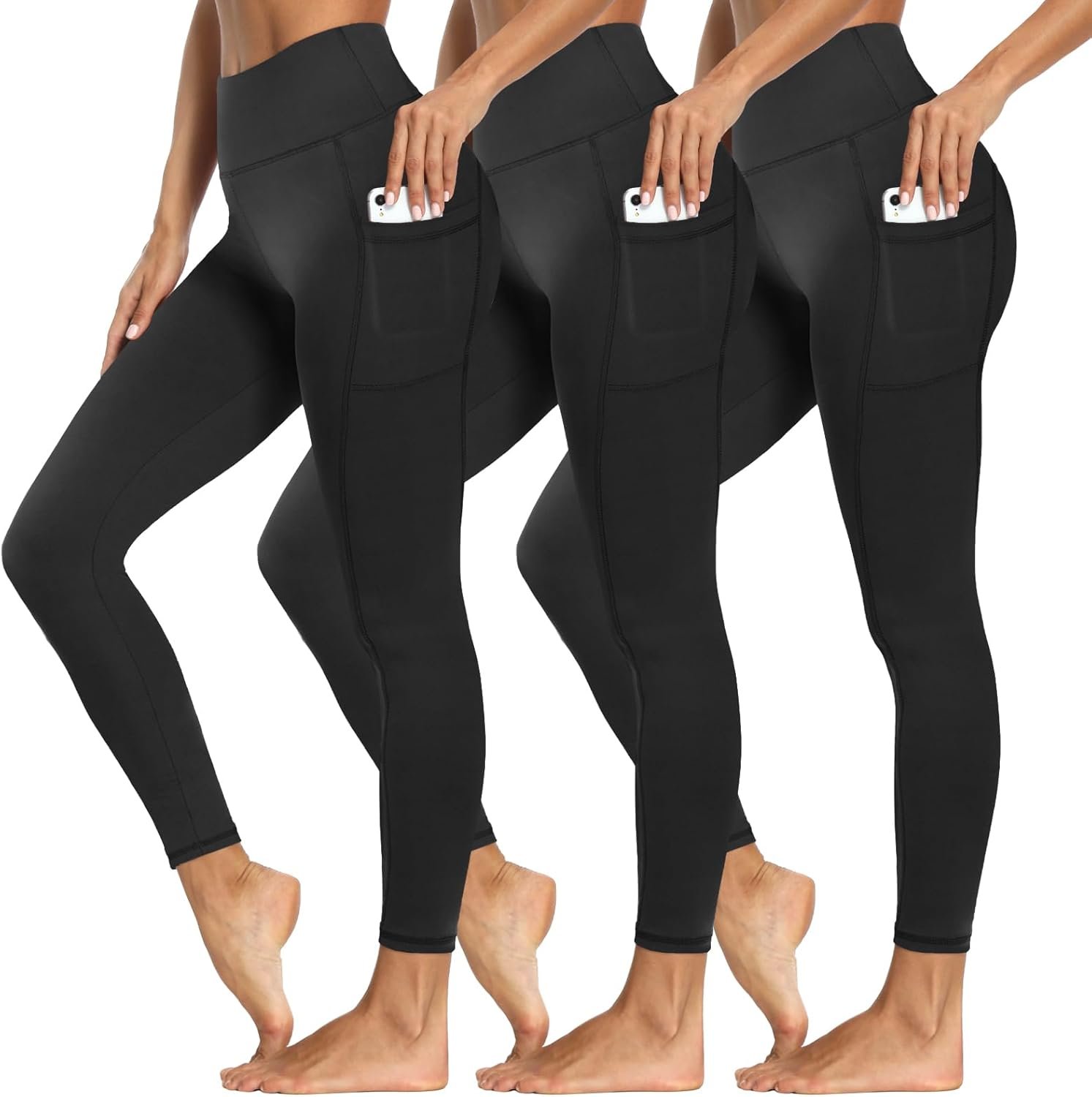 3 Packs Leggings with Pockets for Women, Soft High Waisted Tummy Control Workout Yoga Pants