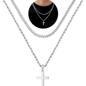 Yooblue Easter Basket Stuffers – Cross Necklace for Men, Gold Black Silver Mens Cross Necklaces Stainless Steel Cross Pendant Necklace Simple Jewelry Gifts Cross Chain Necklaces for Men
