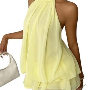 Verdusa Women’s Chiffon Halter Drop Waist Wedding Guest Dresses Ruffle Summer Mini Dress Brunch Outfits