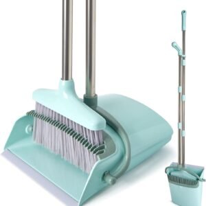XXXFLOWER Broom and Dustpan Set with Cleaning Teeth, 55″ Long Handle Indoor Sweeping Combo for Home Office Kitchen, Bluish Green