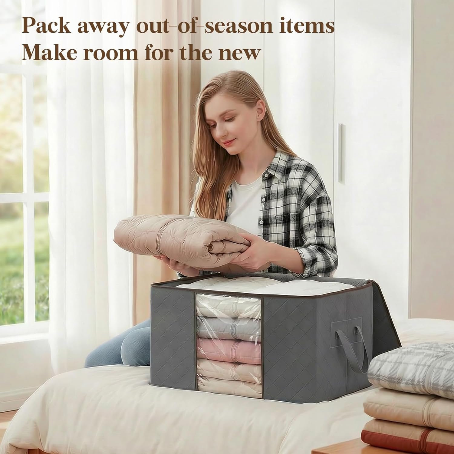 Lifewit 6 Pack Clothes Storage Bins with Lids, Foldable Blanket Storage Bags with Zippers, Clear Window and Reinforced Handles, Closet and Organization for Clothing, Sweater, Comforter, Bedding - Image 11