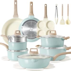 CAROTE 21-Piece Ceramic Pots and Pans Cookware Set, Non Stick Induction Cook Ware Kitchen Cooking Set Non-Toxic Health, PFAS Free