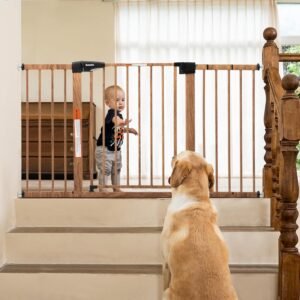Babelio Metal Auto Close Baby Gate PressGuard P7, 29″-55″ Wide Extra Wide Pet Gate for The House and Doorways, Pressure Mounted Walk Thru Child Gate with Door, Brown Wood Pattern