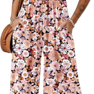 Dokotoo Women’s Casual Loose Overalls Jumpsuits One Piece Sleeveless Printed Wide Leg Long Pant Rompers With Pockets