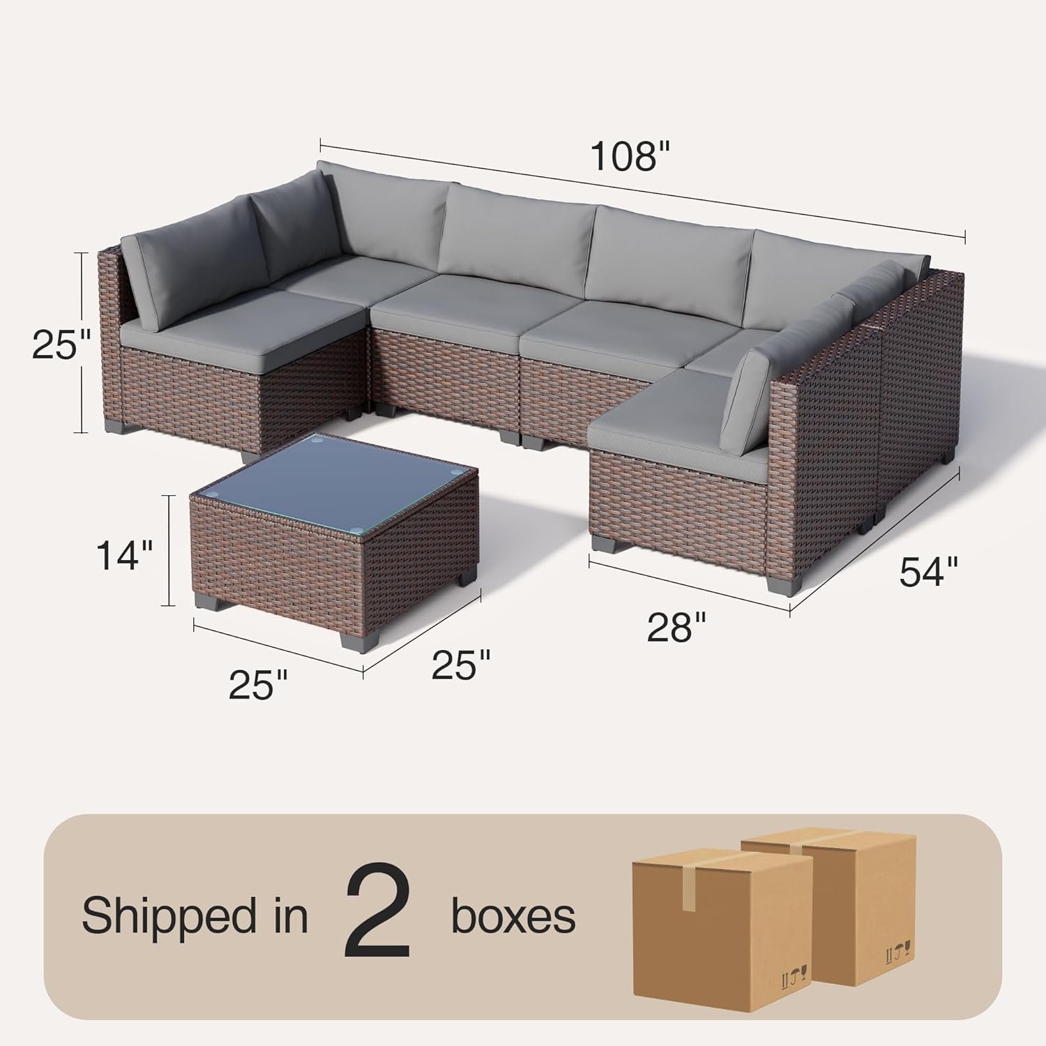 7 Pieces Outdoor Patio Furniture Set, PE Rattan Outdoor Wicker Sectional Furniture Sofa Set, with Cushions and Glass Coffee Table, for Balcony, Porch, Garden, Grey - Image 2