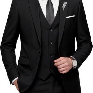 WULFUL Men’s Slim Fit 3 Piece Suit, One Button Solid Blazer Business Party Jacket Vest Pants Set