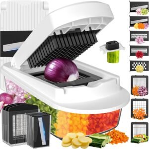 8 Blade All-in-1 Vegetable Chopper Mandoline Slicer with Container, Food Chopper, Onion Chopper, Veggie Cutter for Salad, Kitchen Gadgets Accessories Essentials, White