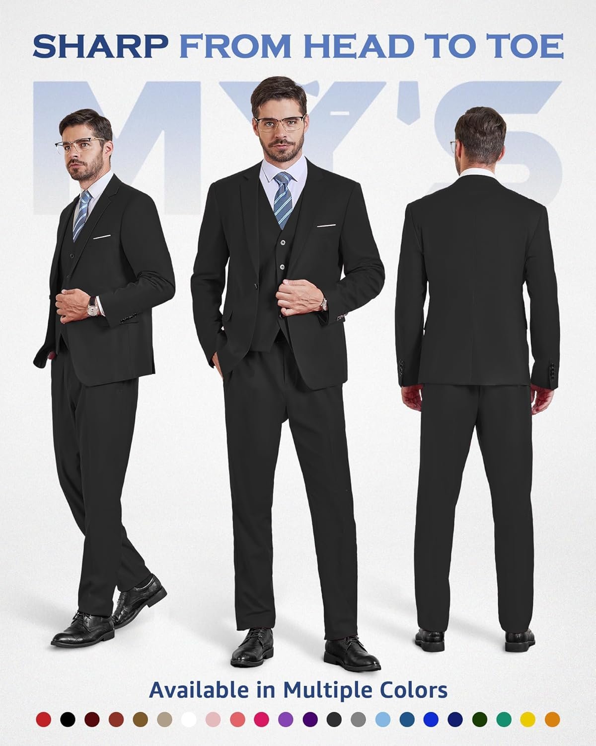 MY'S Men's 3 Piece Suit Set with Tie, One Button Slim Fit Solid Jacket Vest Pants, Prom Party Wedding Business Suits for Men - Image 2