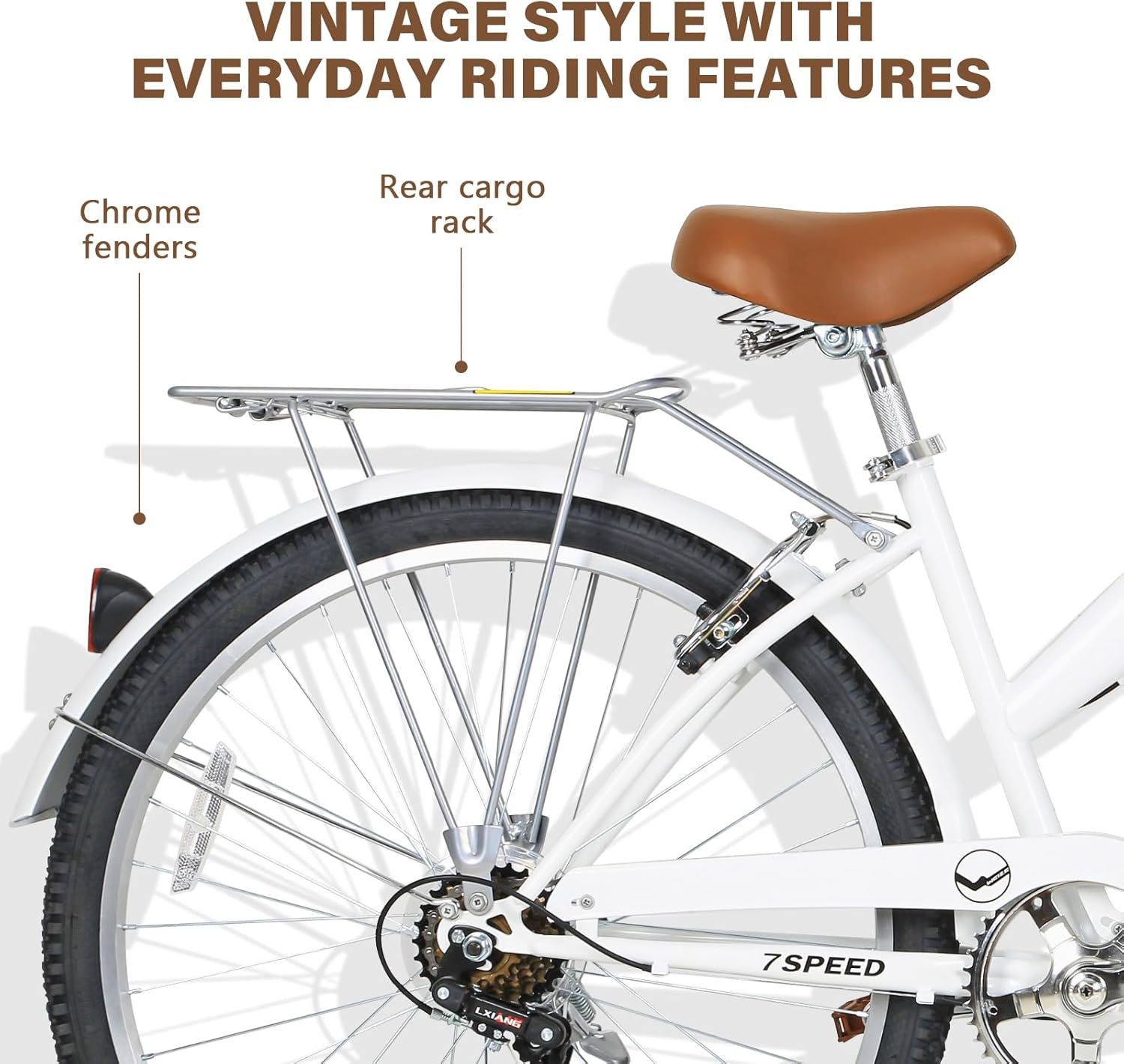 WEIZE Beach Cruiser Bike, 26 inch Commuter Bicycle for Adult Men and Women,High-Carbon Steel/Front & Rear Fenders, Comfortable City Bikes with Rear Rack or Basket, Ergonomic Upright Design - Image 4