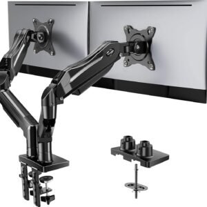 HUANUO FlowLift™ Dual Monitor Stand, Fully Adjustable Gaming Monitor Desk Mount for 13–32″ Computer Screens, Full Motion VESA 75×75/100×100 with C-Clamp & Grommet Base, Each Arm Holds 4.4 to 19.8 lbs