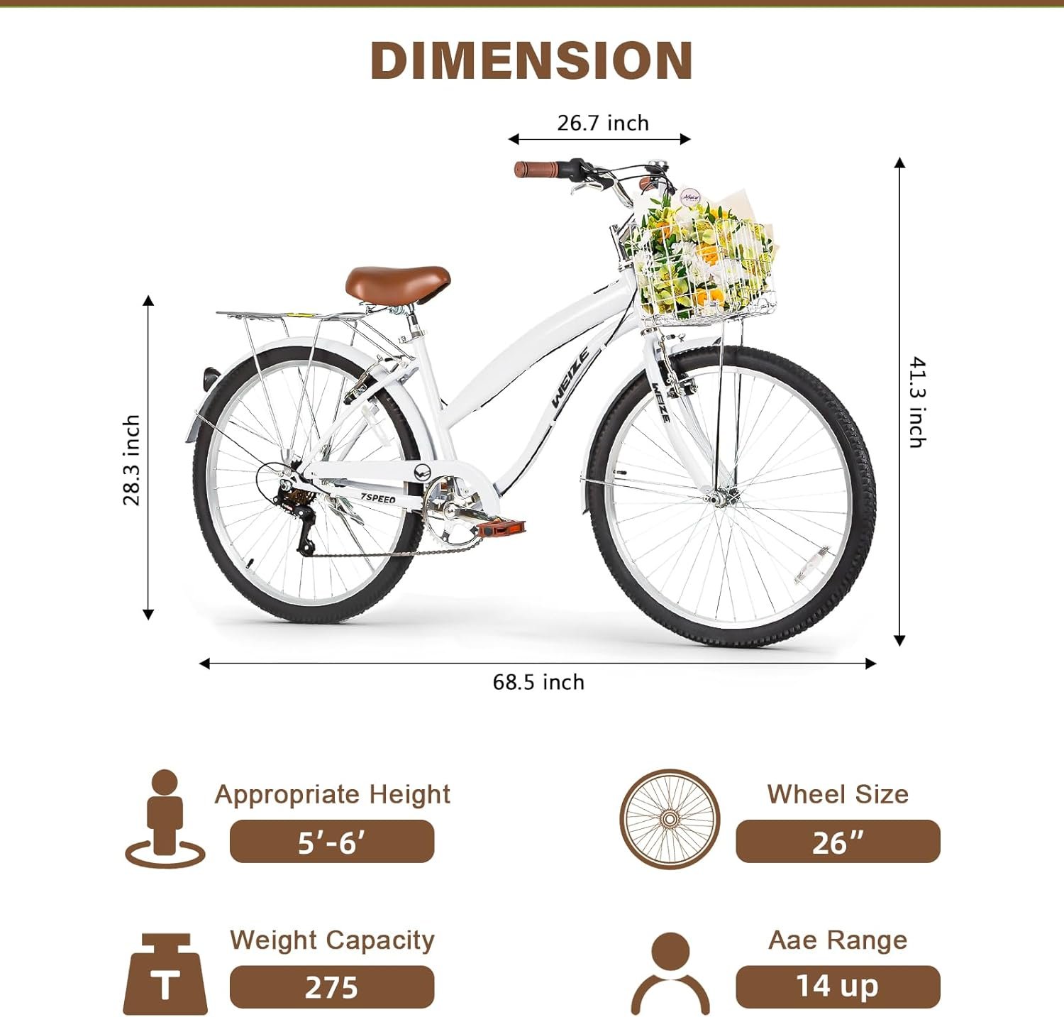 WEIZE Beach Cruiser Bike, 26 inch Commuter Bicycle for Adult Men and Women,High-Carbon Steel/Front & Rear Fenders, Comfortable City Bikes with Rear Rack or Basket, Ergonomic Upright Design - Image 6