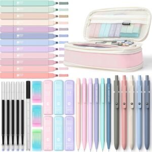 Four Candies 39 PCS Aesthetic School Supplies with Cute Pen Case, 12 Pastel Highlighters, 5 Black Ink Gel Pens, 6 Mechanical Pencils Set for Students Stationary College Essentials (Pink)