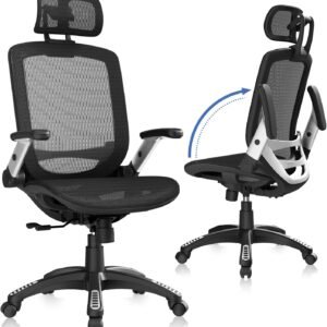 GABRYLLY Ergonomic Office Chair, High Back Home Desk Chair with Headrest, Flip-Up Arms, 90-120° Tilt Lock and Wide Cushion, Big and Tall Mesh Chairs for Man Woman, Black Task Chair