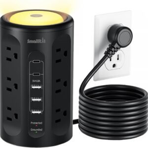 Surge Protector Power Strip Tower with 5 USB Ports and Night Light,10FT Extension Cord with 12 AC Multiple Outlets (Black, 10FT)