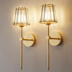 Crystal Battery Operated Wall Sconces Set of 2, Gold Rechargeable Wireless Wall Sconce Lights with Crystal Lampshade, 12 RGB and 3CCT Dimmable Wall Lamps with Remote for Bedroom Living Room Hallway