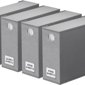 SpaceAid 4 Pack Bed Sheet Organizers and Storage, Foldable Organizer for Linen Closet, Sheets Set Folder Keeper with Window XL (Queen & King Size) Organizing Bedding Container, Gray 91ZDSN-SL01-G4